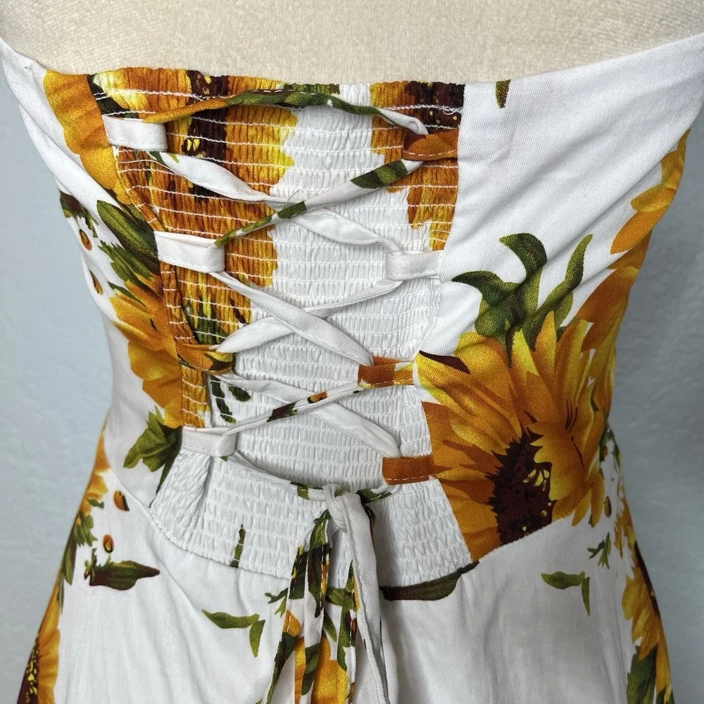 Topdress 1950s Halter Retro Cocktail Dress Sunflower Lace Up Corset Back M - Picture 5 of 10